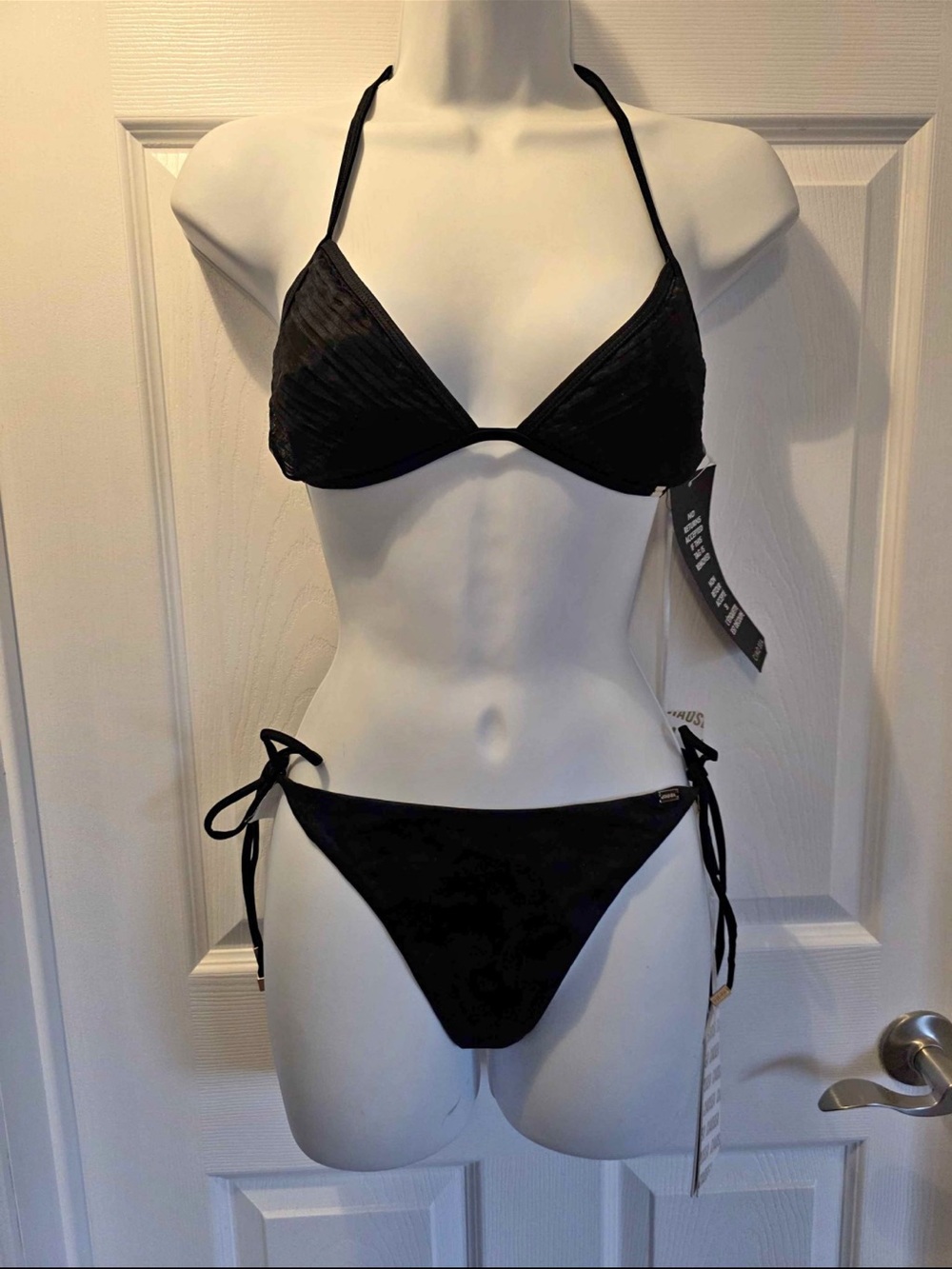 Women's Black String Bikini Set - Triangle Top & Tie-Side Bottoms